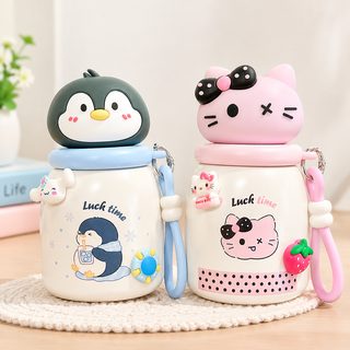 동물 캐릭터 미니 보온병 300ml 휴대용 스트랩 빨대 물병