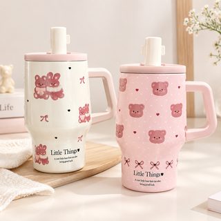 곰돌이 손잡이 빨대 보온 텀블러 차 거름망 사무실 머그컵 480ml