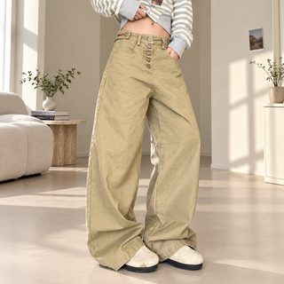 아메리칸 버클 디자인감 하이웨스트 와이드 데님 팬츠 여성 봄 신상 와이드