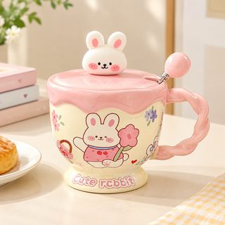 귀여운 동물 도자기 머그컵 뚜껑 스푼 포함 400ml