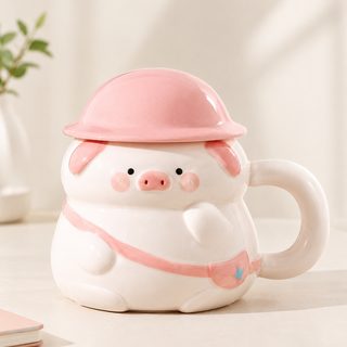 귀여운 돼지 도자기 뚜껑 머그컵 400ml 사무실 커피잔 생일 선물