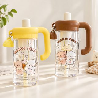곰돌이 손잡이 빨대 물병 850ml 대용량 PC 플라스틱 물컵