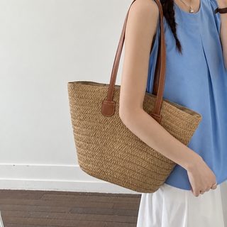 면 끈 짜임 짚 가방 여성 대용량 한국계 짜임 가방 숄더 가방 고급 감각 근