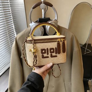 여성 패션 밀짚 짜임 버킷백 대나무 손잡이 여름 해변 숄더 크로스백 miu 스