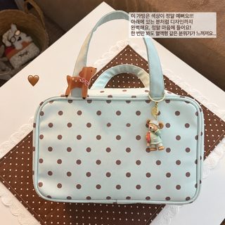 PU 가죽 3단 화장품 파우치 여행용 대용량 분리수납 도트 무늬