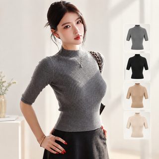 봄여름 아이스 미디엄 슬리브 티셔츠 여성 디자인감 하프 터틀넥 허리 걷어