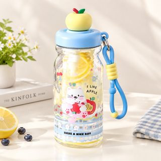 고양이 사과 디자인 빨대 물병 600ml 차 거름망 손목 스트랩