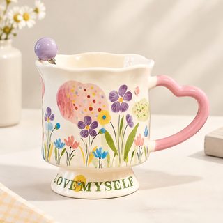 꽃무늬 도자기 머그컵 420ml 하트 손잡이 홈카페 생일 선물