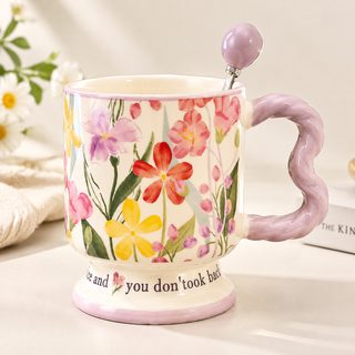 플라워 도자기 머그컵 380ml 웨이브 손잡이 홈카페 생일 선물