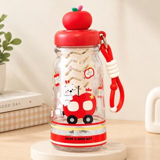귀여운 고양이 빨대 물병 600ml 차 거름망 스트랩 플라스틱 물통