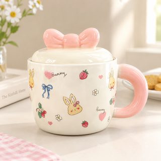 귀여운 토끼 도자기 뚜껑 머그컵 400ml 리본 손잡이 커피잔 선물용