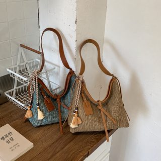 여성 여름 배색 대용량 토트백 바캉스 데일리 우븐 숄더 크로스백
