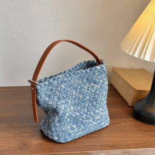 대형 패턴 핸드메이드 우븐 데님 숄더백 여성용 겨드랑이 호보백 지퍼 토트