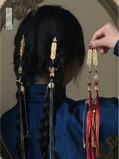 신중식 고풍 여성 한복 치파오 동전 태슬 리본 머리핀 수공예 머리장식