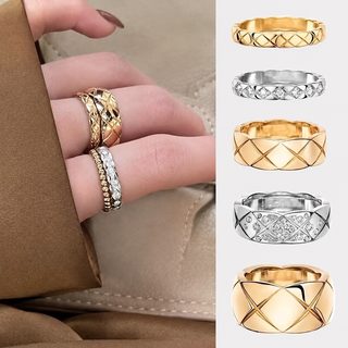 코코 럭셔리 다이아몬드 체크 반지 18K 골드 도금 기하학 패션 남녀공용