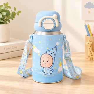 어린이 캐릭터 빨대 보온물병 어깨끈 휴대용 학생 물통 550ml