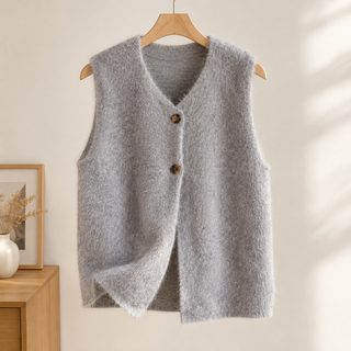 여성 빈티지 니트 조끼 봄가을 라운드넥 민소매 단추 베스트 데일리 레이어