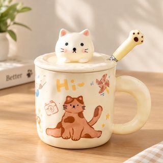 고양이 도자기 머그컵 400ml 뚜껑 스푼 세트 생일 선물