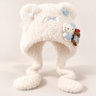 여성 겨울 곰돌이 귀달이 털모자 리본 인형 장식 방한모