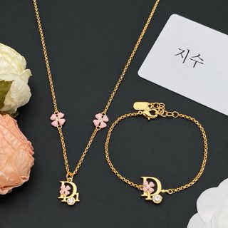 D/CD 레터링 큐빅 목걸이 팔찌 세트 핑크 플라워 여성 패션 주얼리