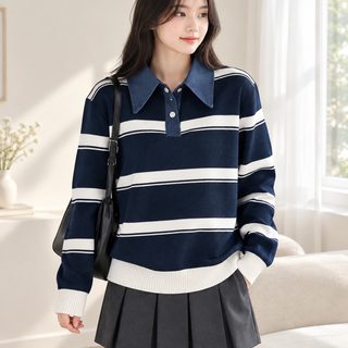 한국계 빈티지 ins풍 박색 스트라이프 터틀넥 스웨터 여자 가을 겨울 신상