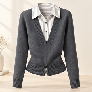 와이셔츠 칼라 니트 여성 가을 신상 디자인감 지퍼 허리 걷어 날씬해 보이