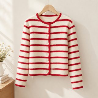 가을 겨울 디자인 감각 빈티지 니트 루즈한 상의 여성 외투 프렌치 컬러 스트라이프 서양식 스웨터 겉면 가디건