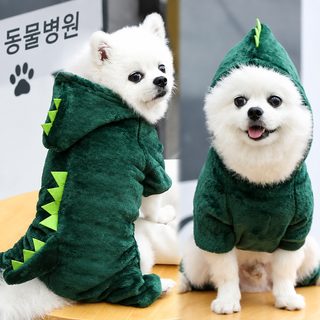 가을과 겨울 보온 네 발 산호 플랜지 벨벳 강아지 고양이 애완동물 옷 공룡