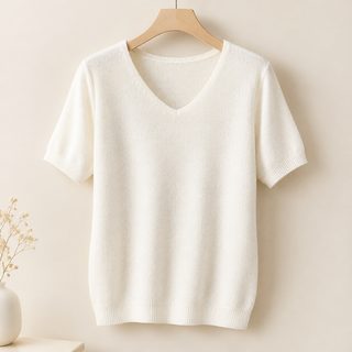 여성 브이넥 반팔 니트 슬림핏 단색 3부 소매 봄여름 데일리 통근 스웨터