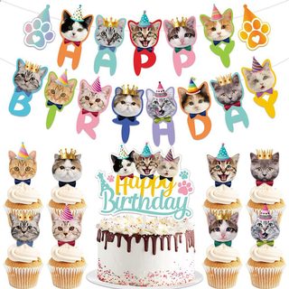 반려묘 고양이 생일파티 장식 세트 케이크 토퍼 가랜드 깃발