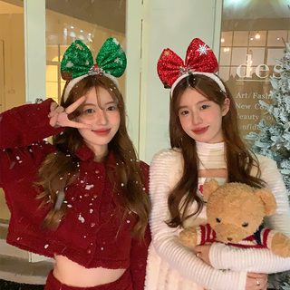 분위기감 귀여움 큰 리본 머리띠 여성용 크리스마스 모직 머리띠 왕홍 파티
