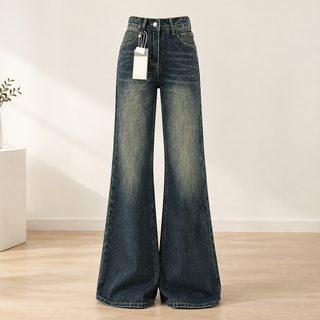아메리칸 빈티지 하이웨이스트 플레어 청바지 여자 여름 와이드 다리 헐렁