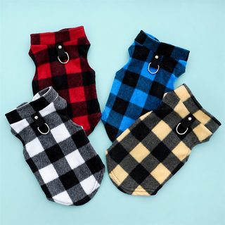 강아지 고양이 겨울 플리스 체크 조끼 보온 의류 테디 비숑 반려동물 옷