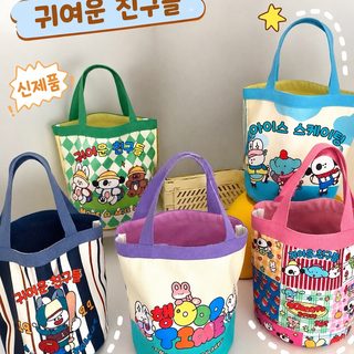 귀여운 낙서 물통 가방 ins 프린트 원통 가방 캔버스 도시락 가방 한풍소녀