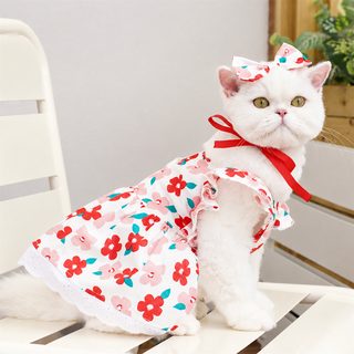 반려동물 원피스 강아지 고양이 봄여름 플러터 소매 꽃무늬 체크 드레스 S-3