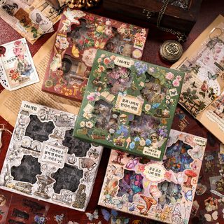 悦真跨境百张复古礼盒贴纸创意diy手帐贴纸pet儿童手账素材贴画