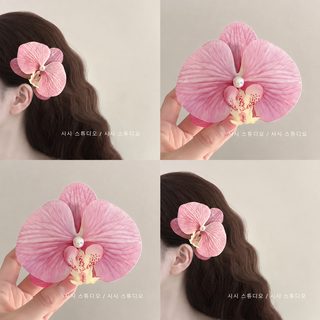 핑크 나비란 머리핀 귀에 핀 큰 꽃 꽃 머리 장식 모조 꽃 옆면 집게 머리 꽃