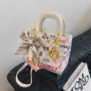 작은 가방 여자 2024 여름 신상 bag 백합 프린트 귀여운 낙서 작은 네모난 가