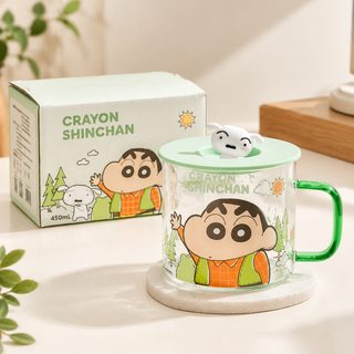 正版蜡笔小新高硼硅玻璃杯卡通马克杯带盖可爱高颜值喝水杯子