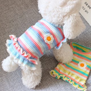 얇은 여름 강아지 고양이 옷 스트라이프 꽃무늬 민소매 티셔츠 비숑 테디