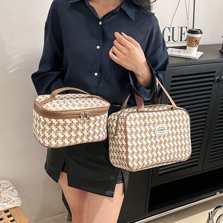 대용량 여행 화장품 파우치 방수 세면 수납 가방 체크 캔버스 여성용