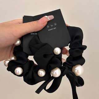 묶음 리본 머리장식 악세사리 블랙 펄 머리끈 하이 포니테일 머리끈 고급감 머리끈 고무줄 여자 머리장식