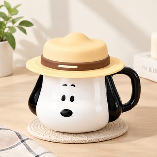 귀여운 강아지 도자기 머그컵 모자 뚜껑 손잡이 커피 우유컵 500ml
