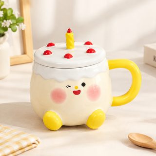 귀여운 케이크 도자기 뚜껑 머그컵 460ml 생일 선물