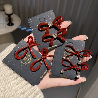 안코라 레드 리본 큐빅 오리집게핀 앞머리 옆머리 헤어핀 여성 헤어 액세서