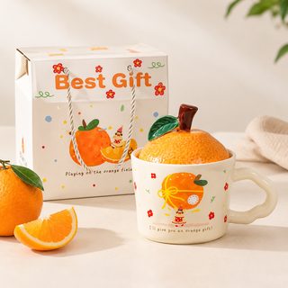 귀여운 오렌지 도자기 뚜껑 머그컵 330ml 사무실 생일선물