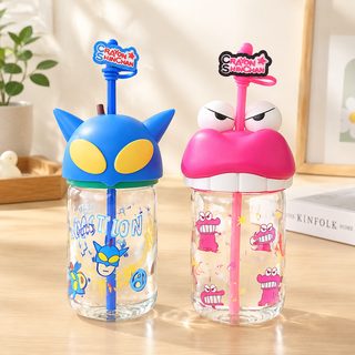 캐릭터 뚜껑 빨대 유리컵 580ml 내열유리 홈카페 음료컵