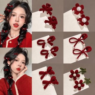 빨간 리본 진주 벨벳 머리핀 머리장식 여성 빈티지 작은 클립 2025 신형 달콤한 옆면 앞머리 클립