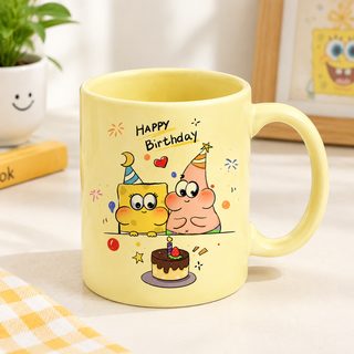 연노랑 세라믹 머그컵 생일 일러스트 커피잔 선물용