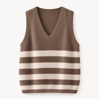 여성 봄 루즈핏 브이넥 니트 조끼 배색 스트라이프 민소매 풀오버 베스트
